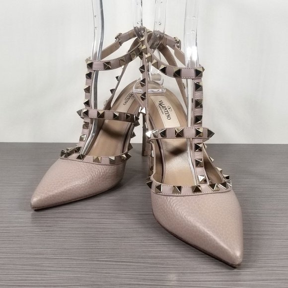 Valentino Rockstud Ankle Strap Pump Poudre Pebbled Leather Womens Size 8.5 /38.5 - Picture 4 of 14